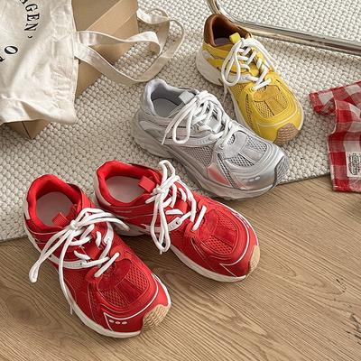 Толстоподошвенные цветные ретро кроссовки-папы женские туфли новые шнурки показывают стопу маленький круглый носок спортивная и повседневная обувь