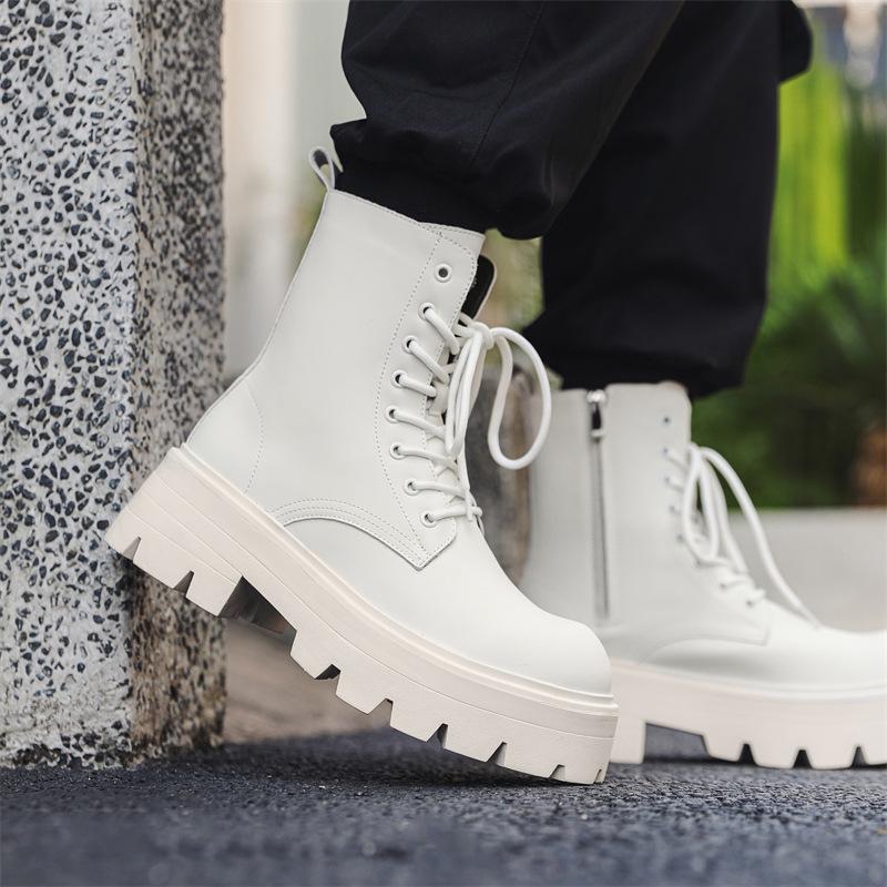 Men Fashion High Motorcycle Boots Lace-up Platform Shoes Punk Rock Dress Genuine Leather Boot Designer Cool Long Botas Masculina