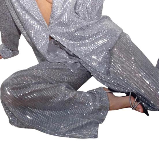 Женская рубашка с пайетками, брюки, лацкан, V-образный вырез, мешковатая, с длинным рукавом, средняя длина