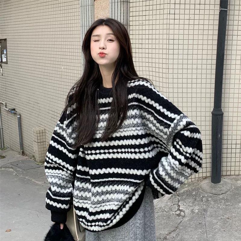 Pullover Stripe Pullover Sweater Women Autumn and Winter New Loose Outwear Oversize Slouchy Top Medium Long Winter Sweater