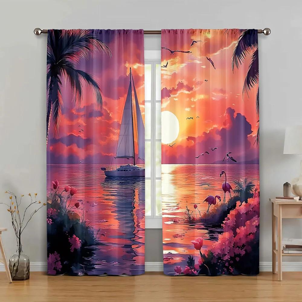 2pc    Curtains Flamingo Sunset with Sailing Durable 100% Polyester Fabric  Without Electricity Birthday Party Use for Holiday