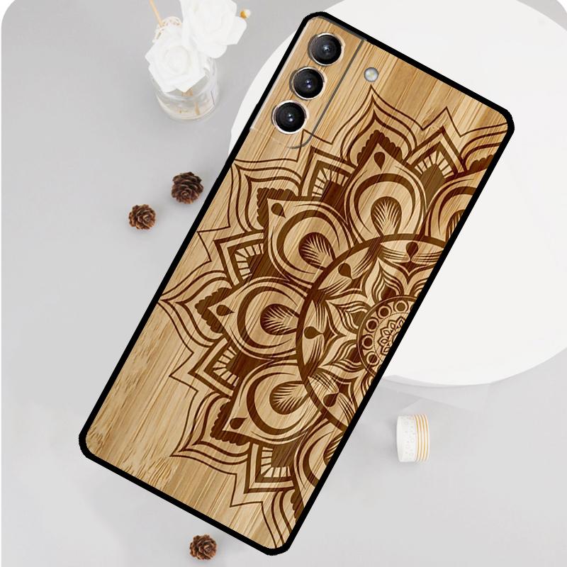 Mandala Floral Wood Phone Case For Samsung Galaxy S25 S26 Ultra S20 S21 S22 S23 S24 S10 Plus S25 FE Funda Cover