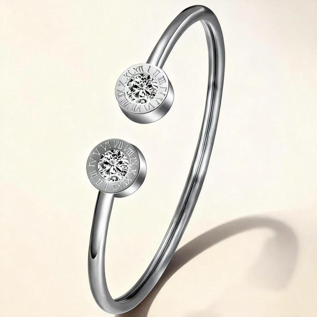 Elegant Roman Numeral Intertwined Titanium Steel Bracelet for Women - Diamond Inlaid, Double Layer, Colorfast Jewelry
