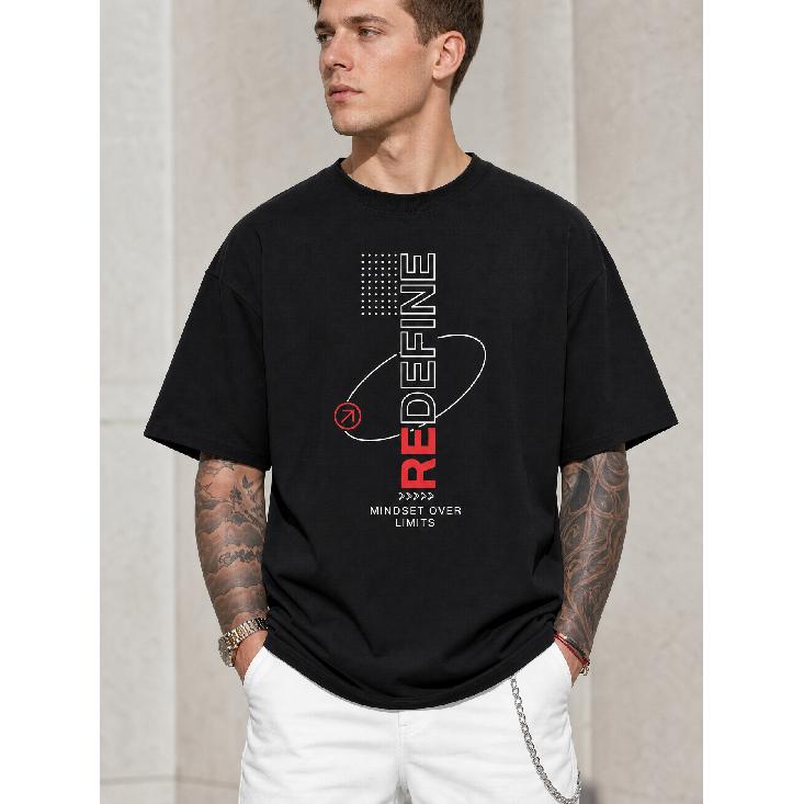 Men's oversized black t-shirt with bold 'redefine' graphic print, crew neck, short sleeves, soft cotton feel, streetwear style for casual daily wear