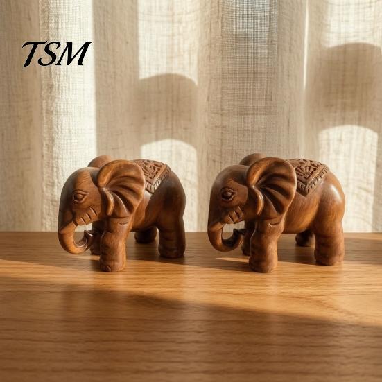 Symbol of Harmony Elephant Figurine Ornament, Resin Wood Grain Statue, Auspicious Retro Style Living Room Decoration Animal Sculpture for Home Office