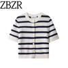 Zbzr Spring New Women Clothes Western Style Elegant Simple Round Neck Short Sleeve Texture Stripe Knit Cardigan