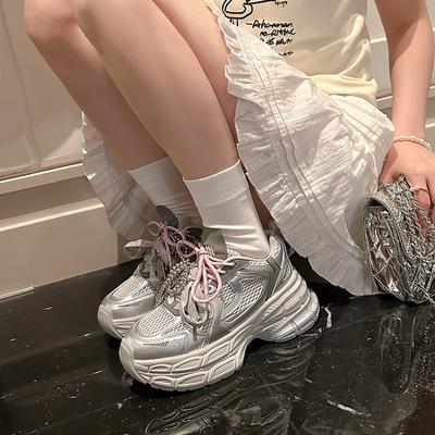 2025 лето новая высота 75мм~ двухслойная толстая подошва увеличение высоты Серые повседневные спортивные туфли женские папины кроссовки женские