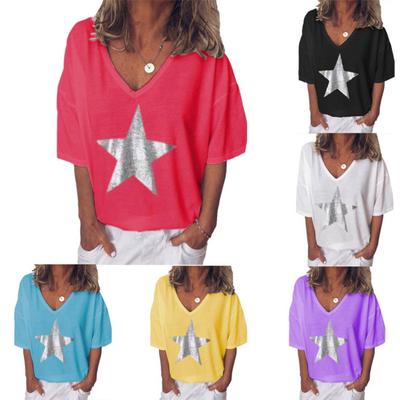 Летняя женская футболка размера плюс с v-образным вырезом и коротким рукавом, однотонный свободный топ