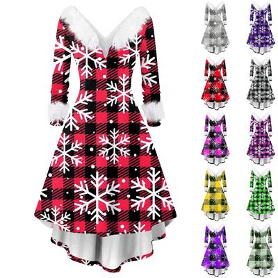 Женское модное повседневное платье с V-образным вырезом и рождественским принтом с длинным рукавом