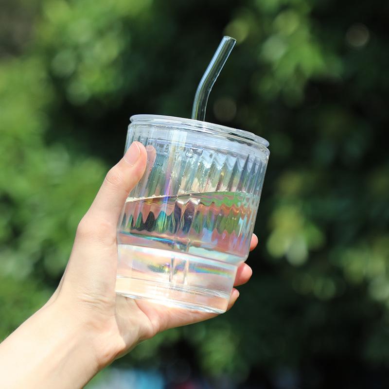 Цветная лазерная бамбуковая чашка, офисная стеклянная чашка для воды, бытовая простая чашка для напитков и кофе с крышкой, прозрачная чашка с соломинкой