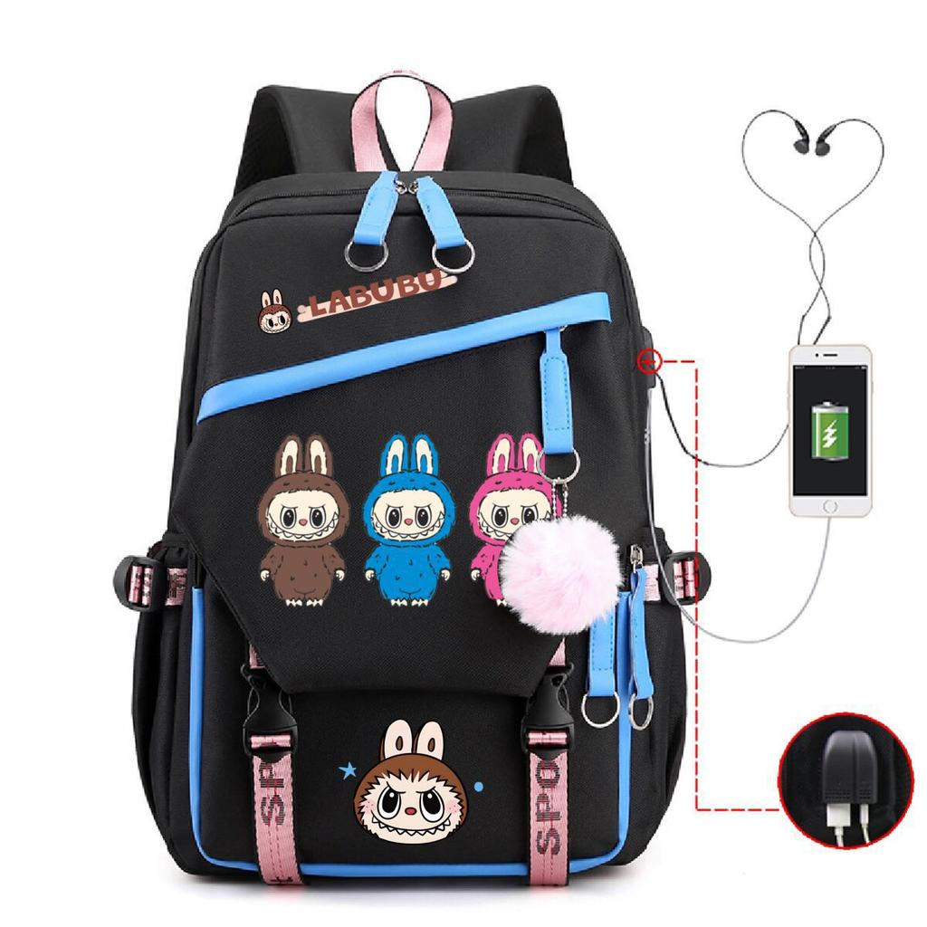 Студенческий школьный рюкзак с принтом Лабубу, многофункциональный, большой вместимости, с USB-портом