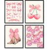 ULEGIE Coquette Pink Bow Preppy Wall Art Decor Set of 4, Coquette Room Decor, Cherry Balloon Dog Preppy Room Decor, Girly Pink Posters Prints for