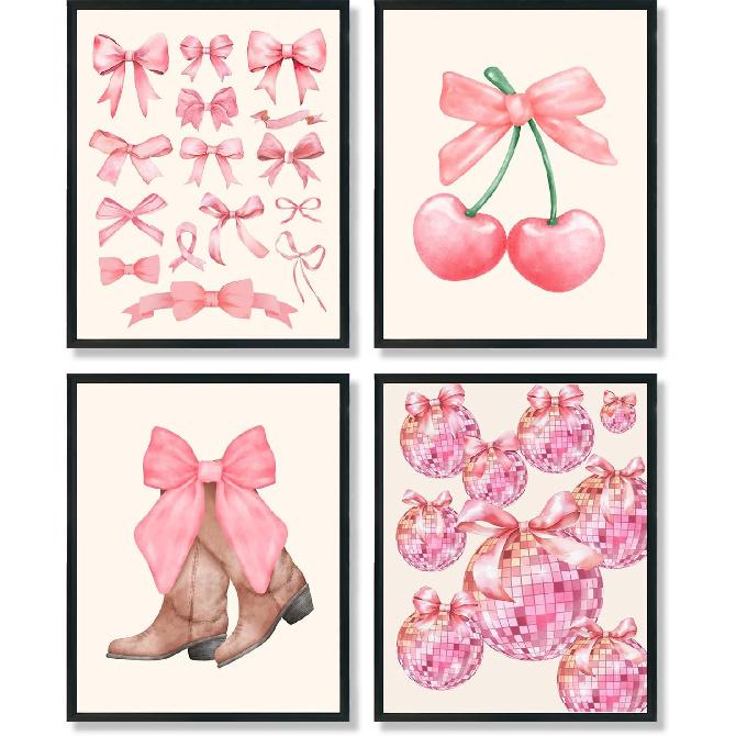 ULEGIE Coquette Pink Bow Preppy Wall Art Decor Set of 4, Coquette Room Decor, Cherry Balloon Dog Preppy Room Decor, Girly Pink Posters Prints for