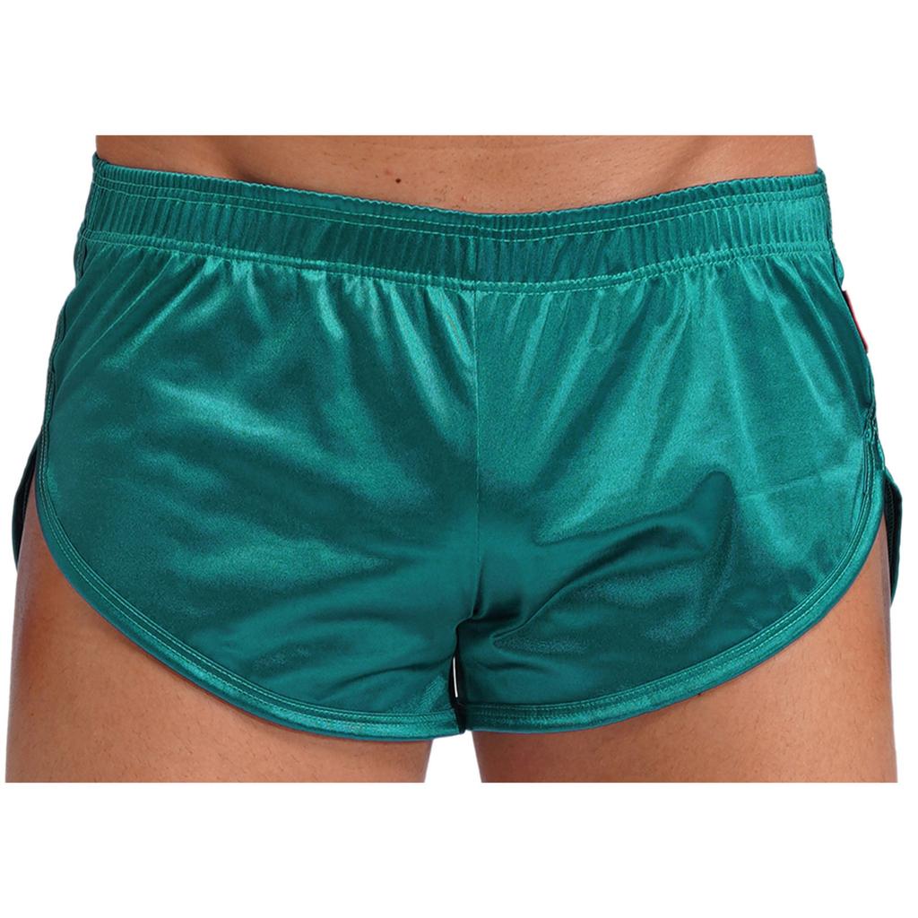 Mens Side Split Satin Shorts Built-in Bulge Pouch Boxer Brief