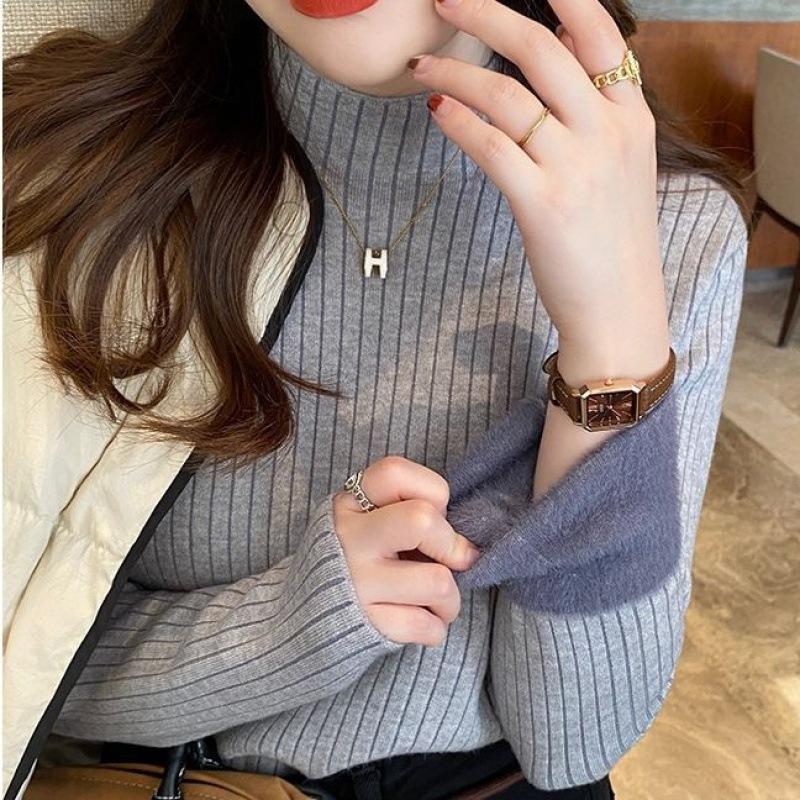 Женская бежевая бархатная вязаная водолазка, женское корейское сексуальное нижнее белье, теплая зимняя одежда, пуловеры, свитер для женщин