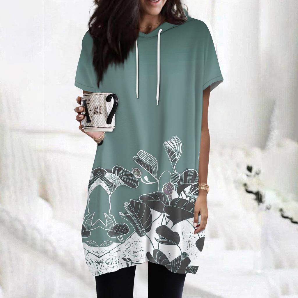 Women's  Hoodies Casual Short Sleeve Shirts Fashion Print Tunic Tops With Pockets