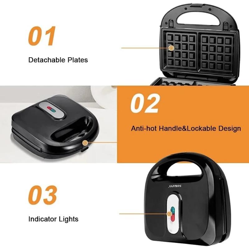 Мини 6-в-1 Сэндвичница с антипригарным покрытием - Съемные пластины, Многофункциональная завтрачница для вафель, сэндвичей и тостов, для домашнего использования