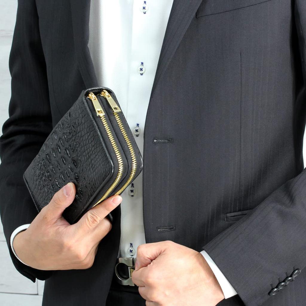 Crocodile Long Large 40 Card Crocodile Double Round Genuine Single Piece Leather [Levetta] Wallet, Capacity, Holds, Wallet, Leather, Men's, Black,