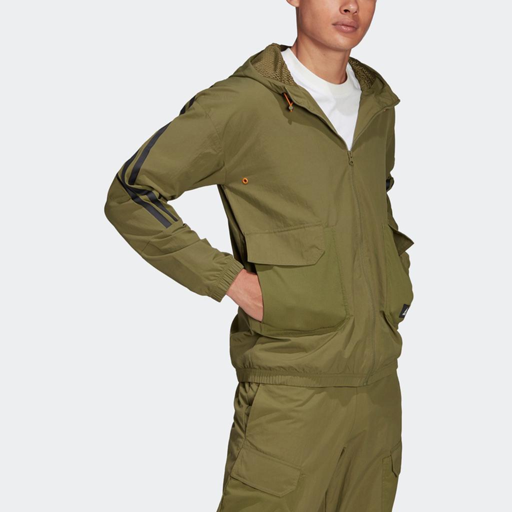 Adidas Sports-Style Striped Hooded Jacket Men Outerwear Army-Green H65369