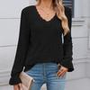 Autumn Solid Color Pit Stripe Brushed Casual V-neck Lace Long Sleeved Base Shirt Tops