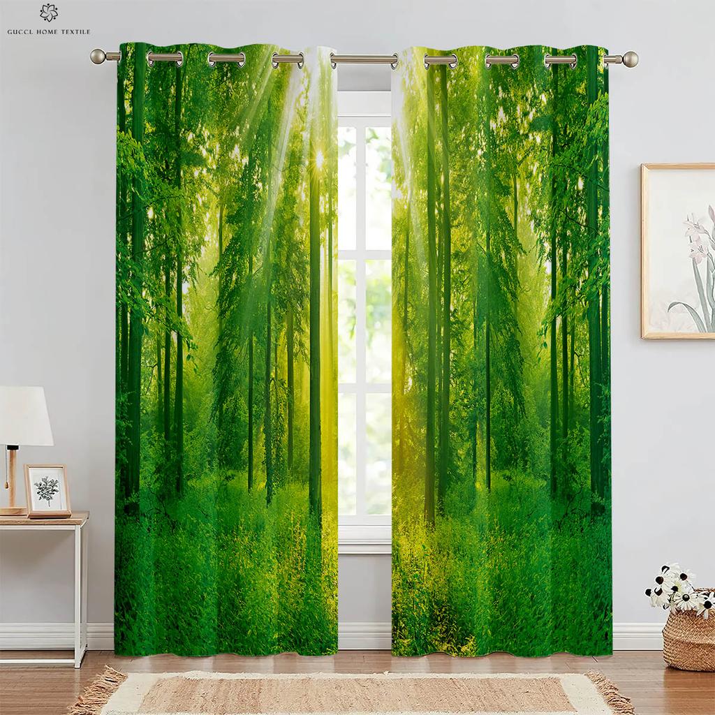 Шторы Misty Forest Green Autumn Woods с 3D-печатью, подходят для спальни, гостиной, кабинета, кухни, 2 шт.