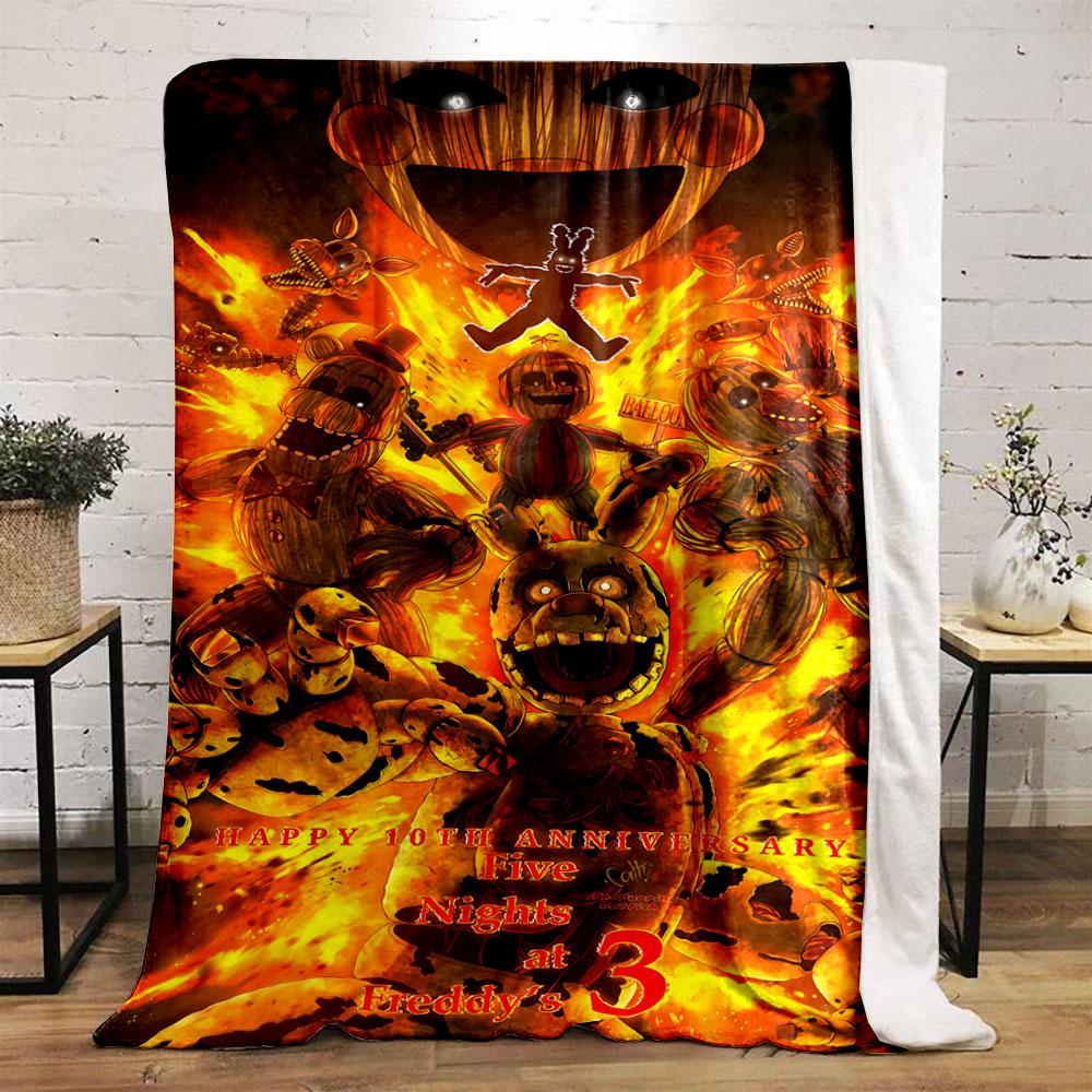 Burning animatronics surrounded by fire and chaos dominate the composition. for all seasons blanket lunch break throw gift