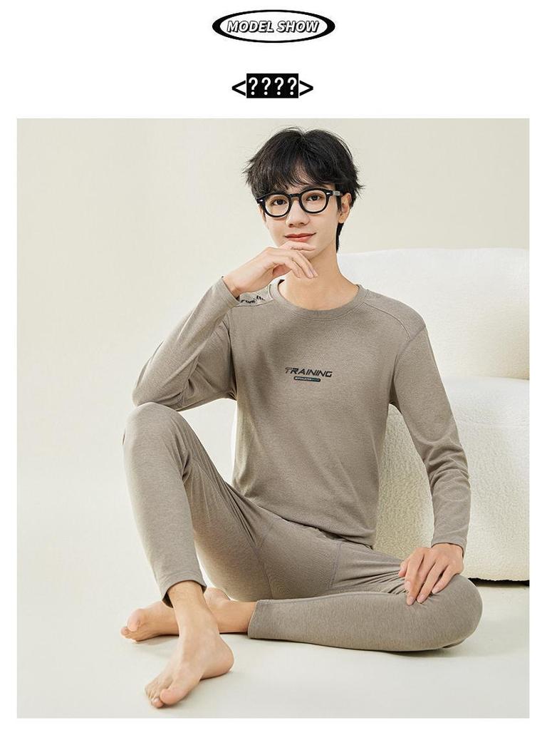 Мужской осенний комплект термобелья: Шерстяной свитер и брюки для студентов-подростков - Теплая смесь хлопка