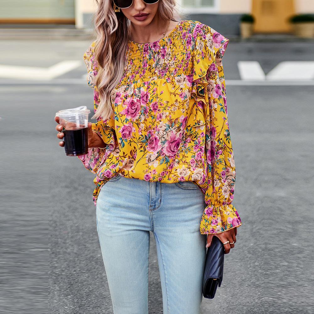 Женская осенне-зимняя рубашка с круглым вырезом и оборками, рукавами-фонариками, цветочная рубашка с принтом, топы