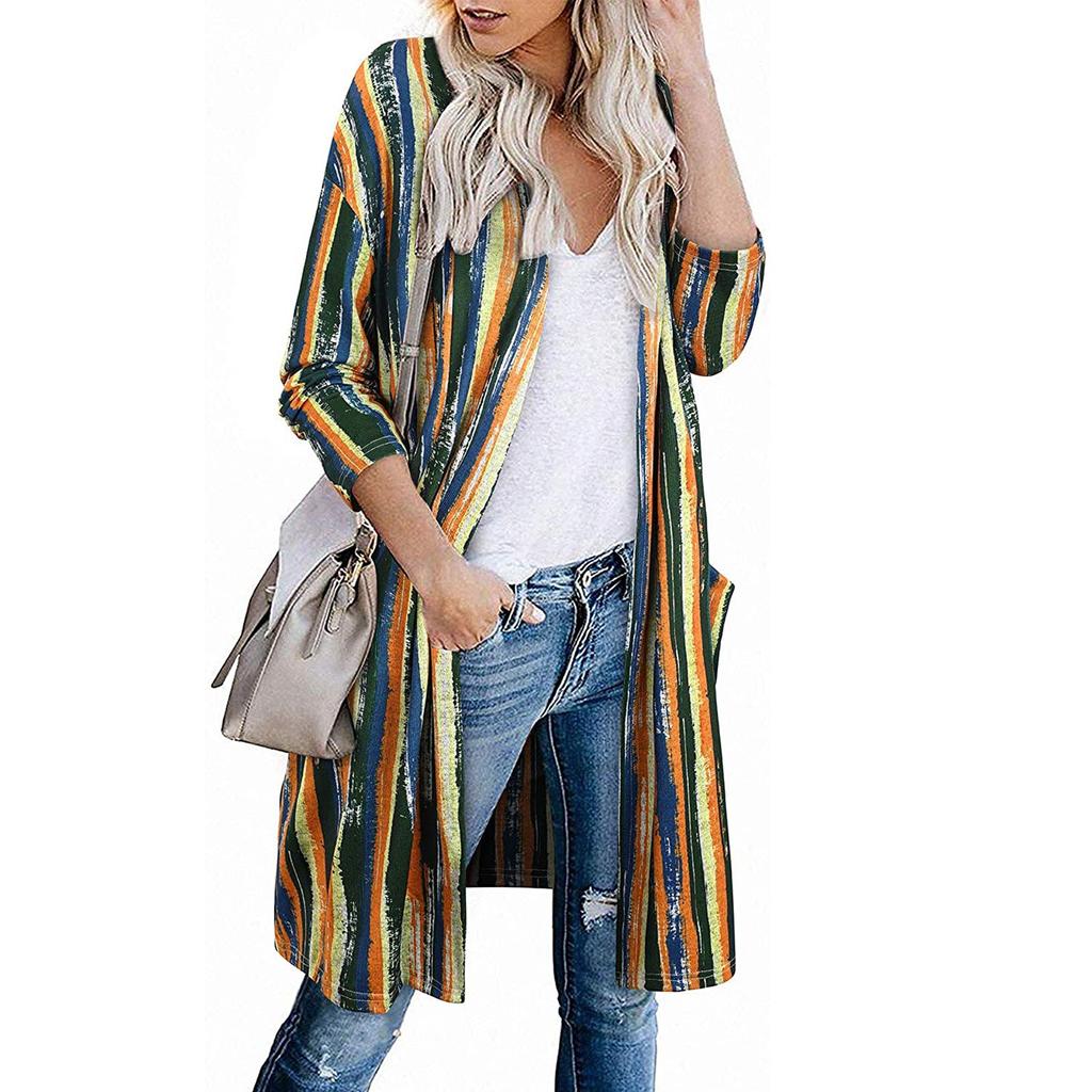 Women's Fashion Casual Printed Pocket Cardigan Medium And Long Coat