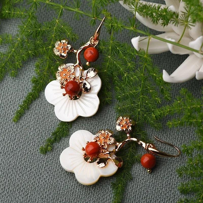 Винтажные серьги с цветами из натурального камня для женщин, девушек, в этническом стиле, золотые серьги, ювелирные аксессуары, подарки на день рождения, серьги