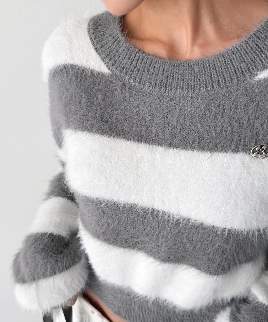 THE GREEN LAB Hairy Block Stripe Crop Knit [Gray]
