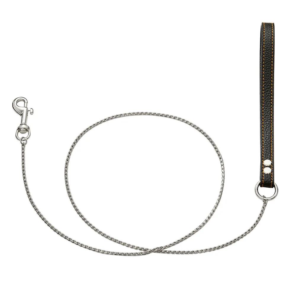Поводок для собак из нержавеющей стали с защитой от жевания, цепочка для щенков, змея, цепочка с защитой от жевания, прочный поводок для собак с кожаной ручкой