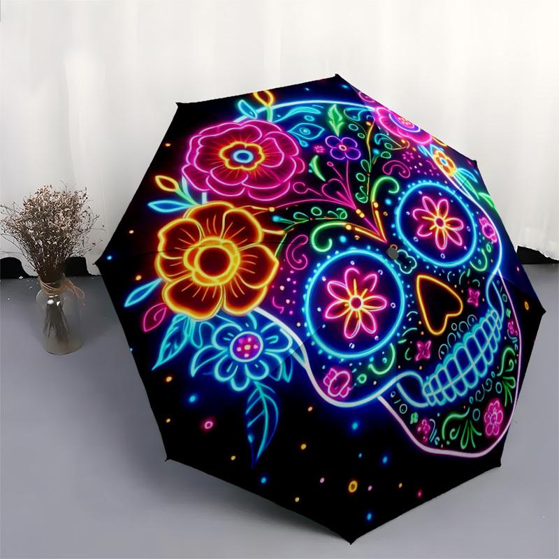 1pc Colorful Neon Sugar Skull Artwork Umbrella with Plastic Handle,Suitable for All Seasons Home Travel Outdoor UmbrellaDD1469