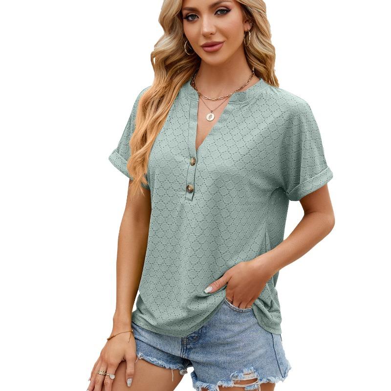 Summer Women's T-shirt New Solid Color V-neck Button Loose Short-sleeved T-shirt Top