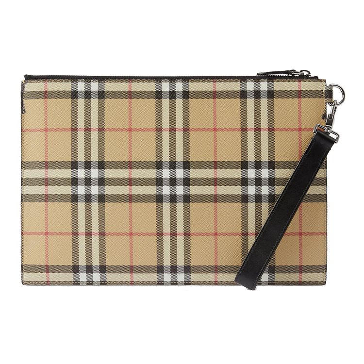 Burberry Detachable Strap Zipper Plaid Faux Leather And Cotton Clutch Bag Men clutch Beige 80656291