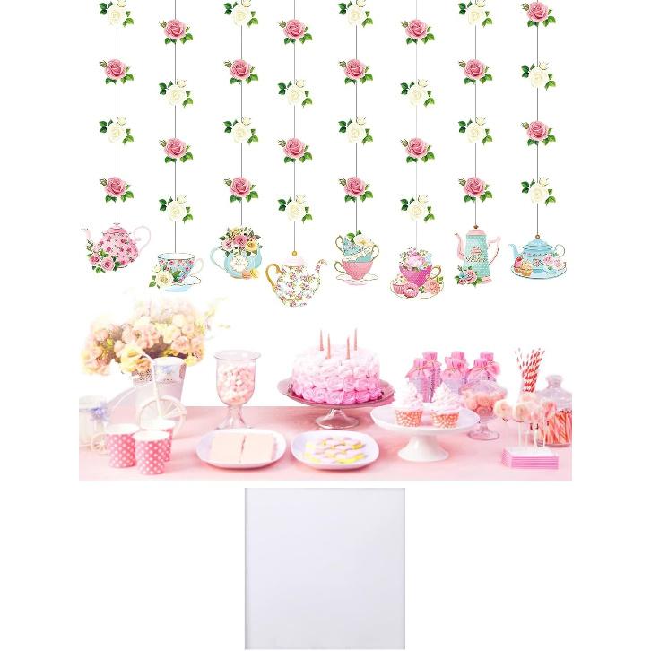 Faccito Floral Tea Party Decorations Double Sided Tea Party Hanging Garland Decor for Baby Shower Gender Reveal Bridal Wedding Favors Girls Women