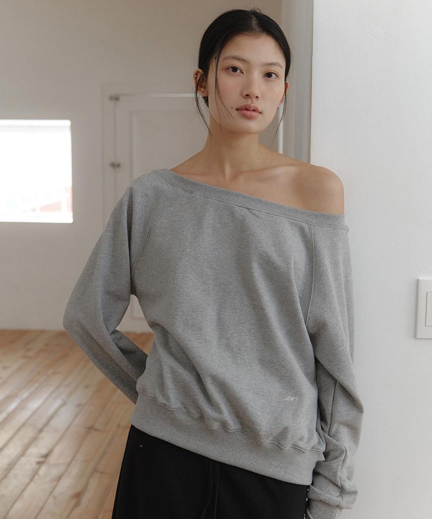 LAMINEZ Embro Off-Shoulder Sweatshirt - Gray