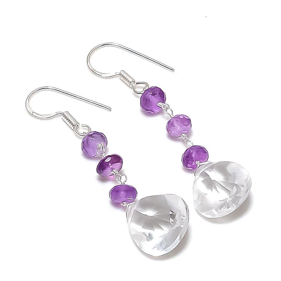White Topaz, Amethyst Gemstone 925 Sterling Silver Jewelry Earring 2.36" KJ-912