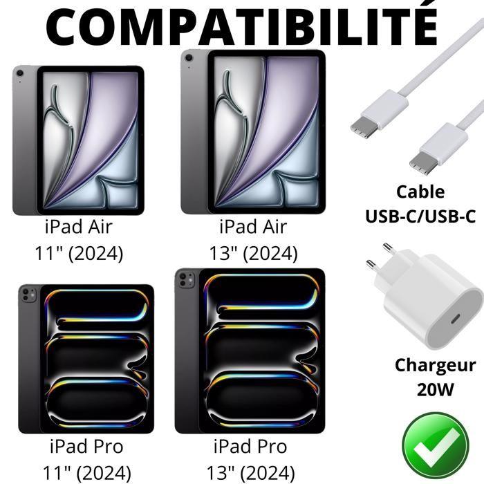 Быстрое зарядное устройство 20 Вт - PHONILLICO - iPad Air/Pro 2024 - Кабель USB-C 1 м - Плетеный нейлон - Белый