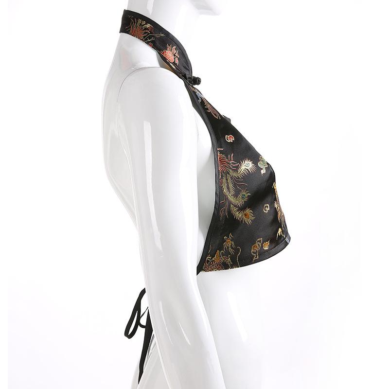 Женские топы Cheongsam, традиционный традиционный китайский дракон с вышивкой, открытая спина, Холтер, винтажный вечерний укороченный топ с запахом, жилет