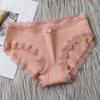 Women Underpants Thread Mid Waist Lace Edge Solid Color Elastic Cotton Crotch Moisture-wicking Stretchy