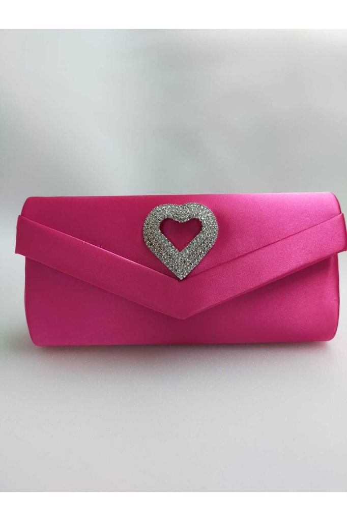 Women's Stylish and Useful Evening Dress Bag Fuchsia Satin Heart Stone Evening Dress Bag
