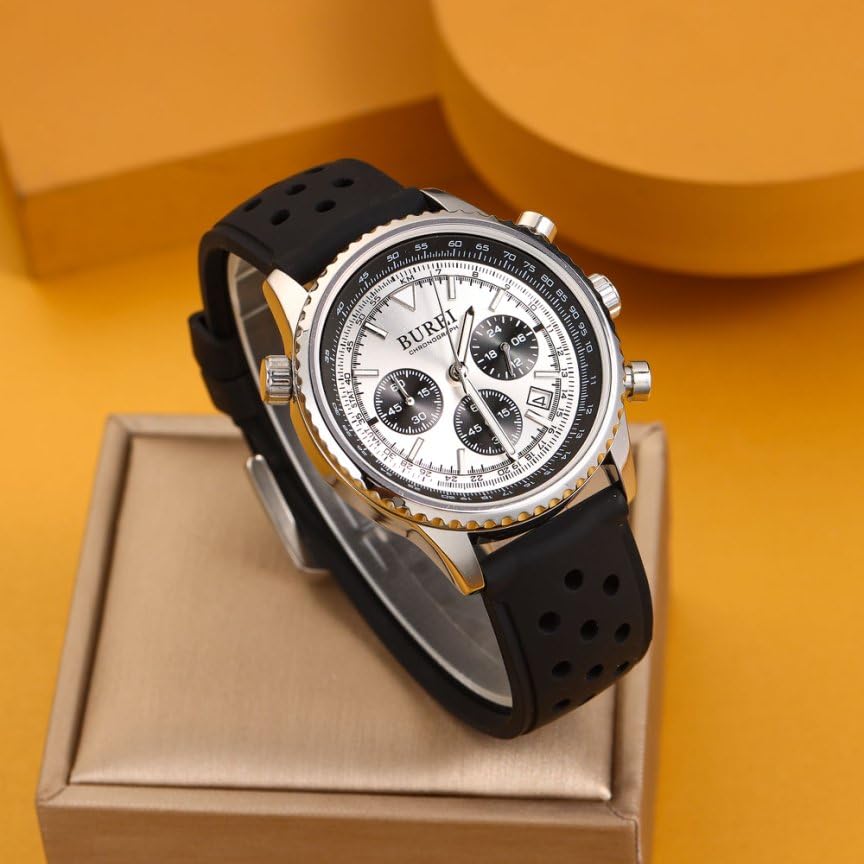Мужские кварцевые часы-хронограф BUREI, водонепроницаемые, аналоговые, с отображением даты, черные с серебристым полиуретановым ремешком, идеальный подарок для мужчин