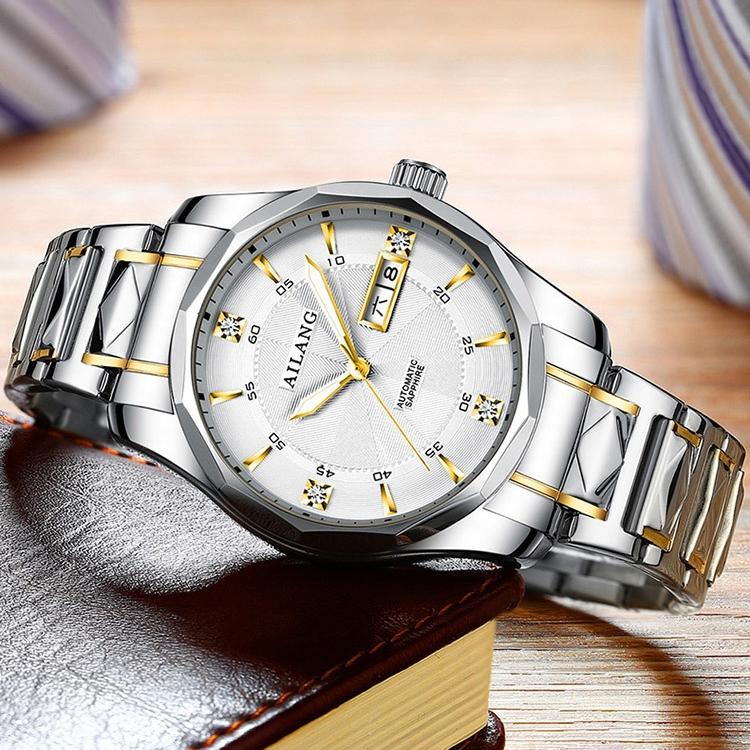 AILANG Мужские полностью автоматические механические часы Мужские часы Модные водонепроницаемые часы с двойным календарем из камня и стали