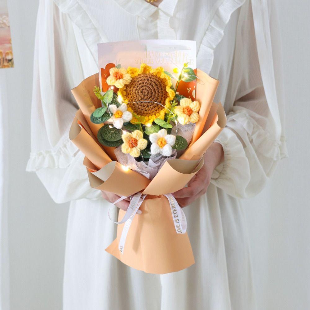 Handmade Hand-woven Sunflower with Bag Knitted Flowers Bouquet Simulation Flower Teachers' Day