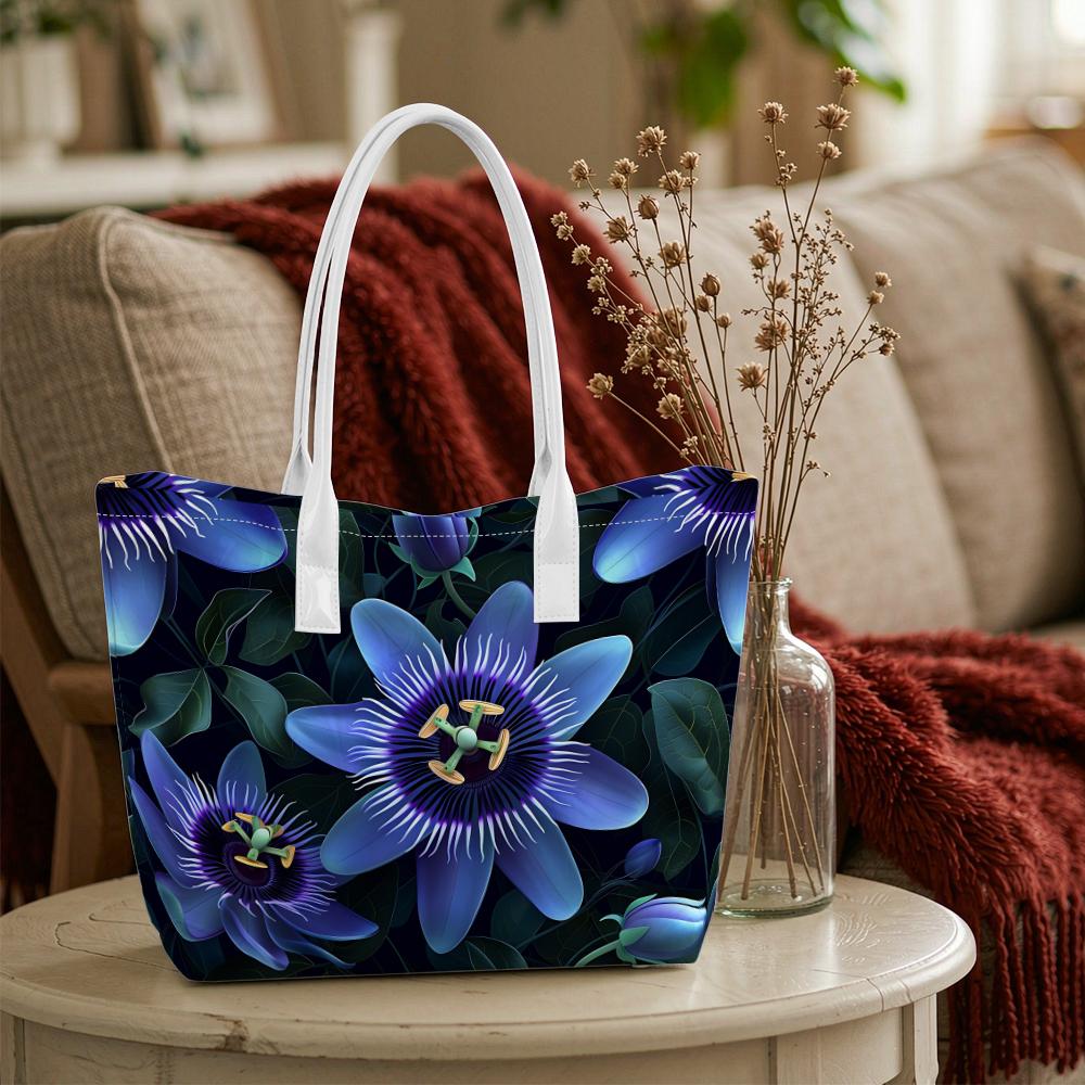 Blue Passion Flower Shoulder Bag Daily Use Portable Fashion Tote for Outdoor Shopping