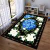 Floral Carpet with Blue Hydrangeas and White Roses on Black Background Suitable for use as an anti-slip for living room bedroom sofas