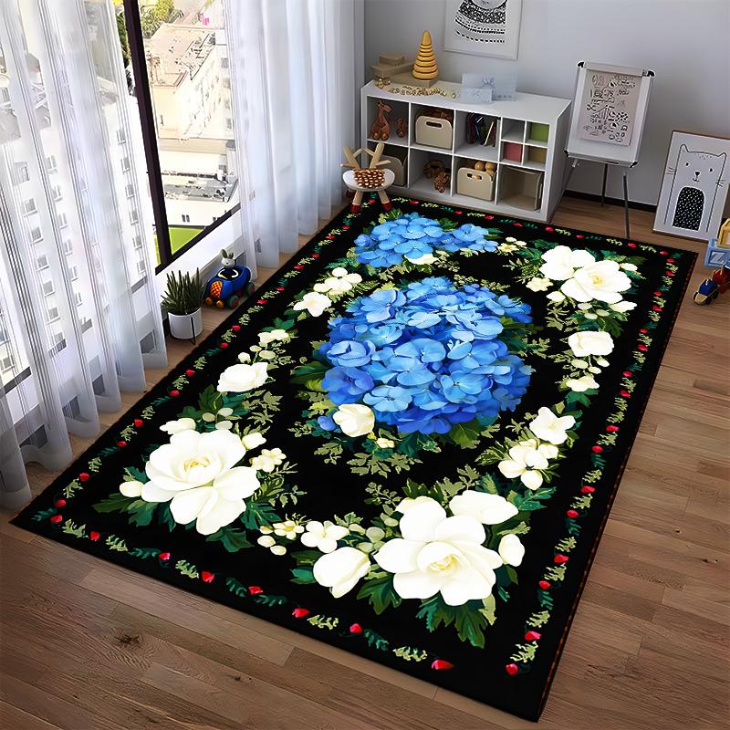 Floral Carpet with Blue Hydrangeas and White Roses on Black Background Suitable for use as an anti-slip for living room bedroom sofas