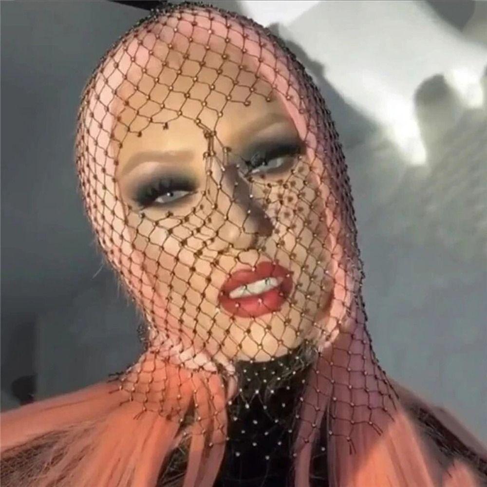 Shining Headcover Mesh  Headwrap Crystal Head Mask Rhinestone Mesh Veil Fishnet Headhood