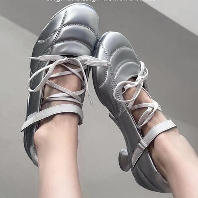 Версия из овчины~ серебристые балетки спортивного стиля на шнуровке с бантом, женские 2025 весна и осень, новые нишевые туфли-лодочки на высоком каблуке